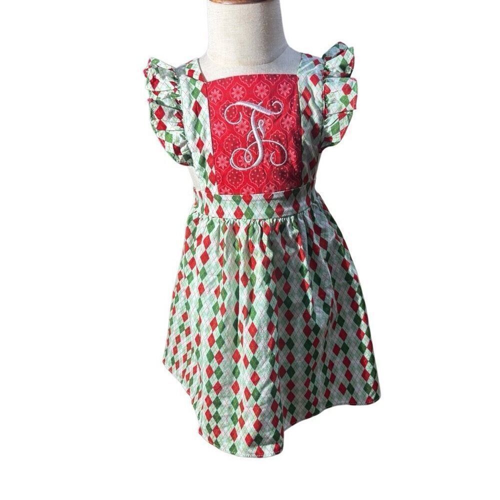 Adorable Ricrac & Ruffles Christmas Pinafore Dress (Size 4T, Monogrammed F)